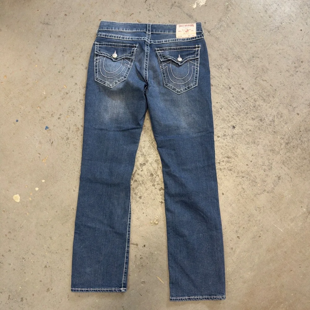 True Religion Ricky Relaxed Straight Jeans Blue Contrast Stitch Mens 33x31